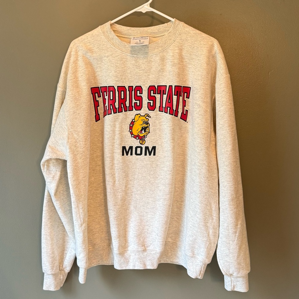 Champion Gray Ferris State MOM Crewneck Sweatshirt with Red & Yellow Graphic